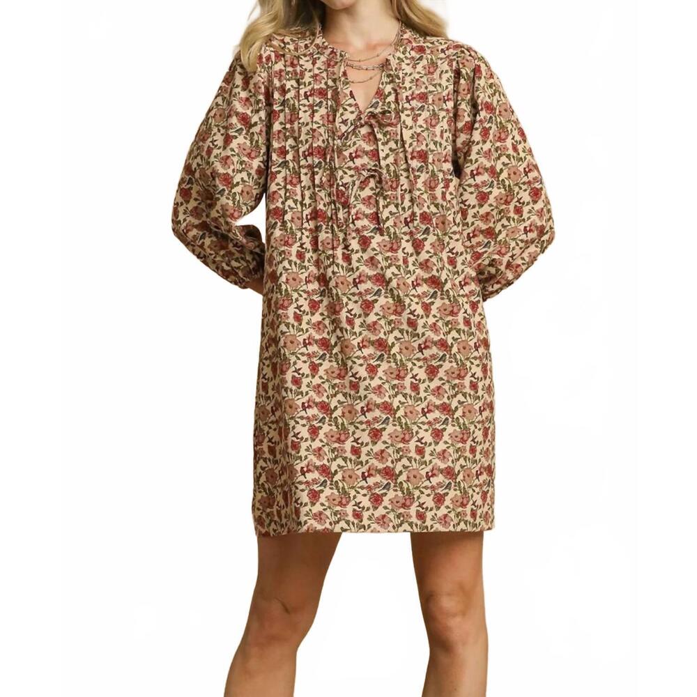 NEW STYLE USA floral tie neck mini dress in cream